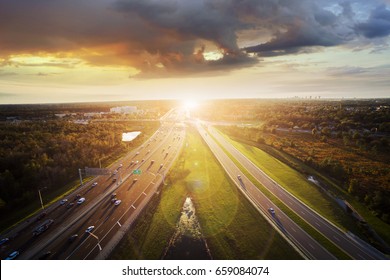 Aerial View Of Sunset Over A Highway In Orlando, Florida.