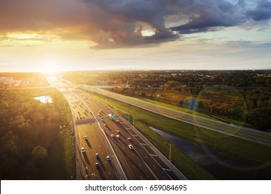 Aerial View Of Sunset Over A Highway In Orlando, Florida.