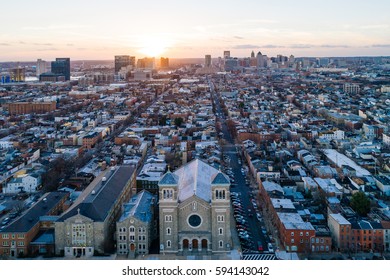 Aerial view at sunset over Upper Fells Point, in Baltimore, Maryland.