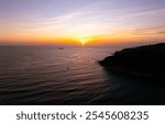 Aerial view sunset sky, Nature beautiful Light Sunset or sunrise over sea, Colorful dramatic majestic scenery Sky with Amazing clouds and waves in sunset sky purple light cloud background