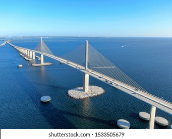 Aerial view of Sunshine Skyway, Tampa Bay Florida, USA. Big steel cable suspension bridge.