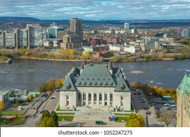 Aerial View Of Supreme Court Of Canada And Gatineau Skyline, Ottawa, Canada.