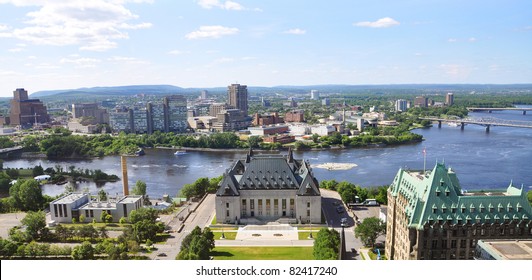 Aerial View Of Supreme Court Of Canada And Gatineau Skyline, Ottawa, Canada