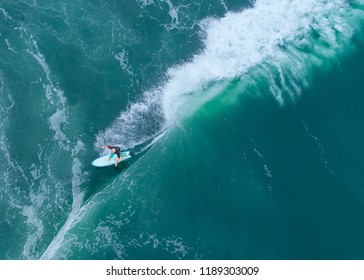 Aerial view of a surfer in the Atlantic Ocean