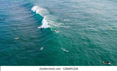 Aerial view of surfers near Hikkaduwa beach. Hikkaduwa, Sri Lanka.