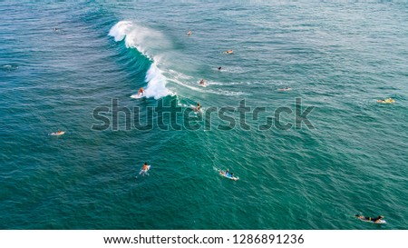 Aerial view of surfers near Hikkaduwa beach. Hikkaduwa, Sri Lanka.