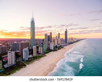 An aerial view of Surfers Paradise on the Gold Coast in Queensland, Australia at sunset 