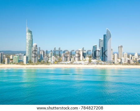 An aerial view of Surfers Paradise on the Gold Coast in Queensland, Australia