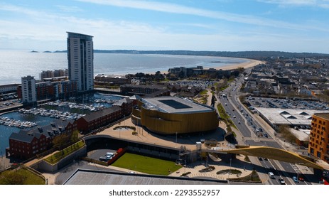 Aerial View of Swansea City Centre, Swansea Bay, The Tower, Swansea Arena - Powered by Shutterstock