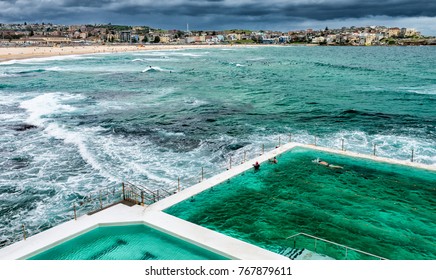 Aerial View Of Sydney Bondi Beach Pools.