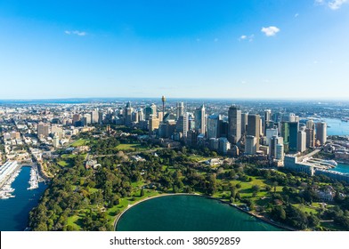 Aerial View Sydney Central Business Districs And Royal Botanic Gardens. View On Sydney Harbourside Suburbs From Above. Aerial View On Sydney Harbourside, Sydney CBD, Sydney Royal Botanic Gardens