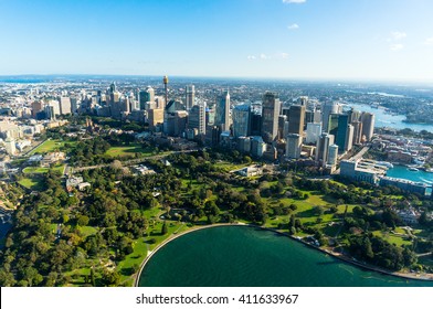 Aerial View Sydney Central Business District And Royal Botanic Gardens. View On Sydney Harbourside Suburbs From Above. Aerial View On Sydney Harbourside, Sydney CBD, Sydney Royal Botanic Gardens