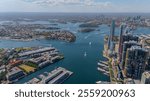 Aerial View of Sydney Harbour Balmain Darling harbour Sydney CBD cockle Bay Wharf North Sydney harbour bridge Lavender Bay Milsons Point Manly on a warm summer day blue skies 