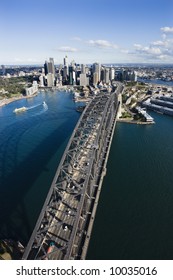 Aerial View Of Sydney Harbour Bridge And Skyline In Sydney, Australia.