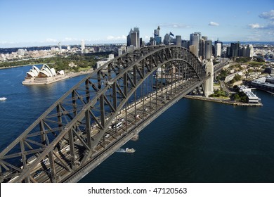 Aerial View Of Sydney Harbour Bridge In Australia. Horizontal Shot.