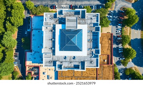 Aerial View of Symmetrical Building with Pyramid Glass Roof and Parking Lot - Powered by Shutterstock