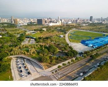 Aerial view of Taichung Central Park. Xitun District Shuinan Economic and Trade Area. Taichung City, Taiwan.