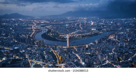 Aerial View Of Taipei City - Asia Business Concept Image, Panoramic Modern Cityscape Building Bird’s Eye View Use The Drone At Night, Shot In Taipei, Taiwan.