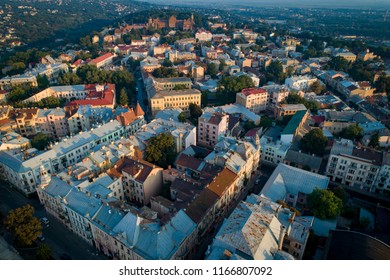 An aerial view taken with a drone shows a Chernivtsi, Ukraine city center on 15 August 2018 - Shutterstock ID 1166807092