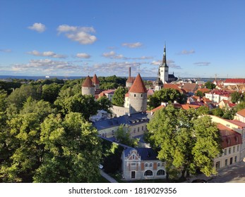 Aerial View of Tallinn Old Town, Estonia.The classic Iconic view of the city. Tallinn city wall and St. Olaf's Church