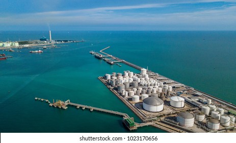 Aerial view of tank farm for bulk petroleum and gasoline storage, Crude oil storage terminal, pipeline operations, distributes petroleum products.