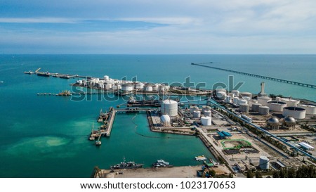 Aerial view of tank farm for bulk petroleum and gasoline storage, Crude oil storage terminal, pipeline operations, distributes petroleum products.