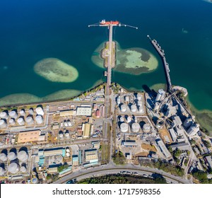 Aerial View Tank Farm Terminal For Storage Crude Oil And Gas LPG, Business Commercial Industry Power And Energy Fuel Petrochemical Import Export Logistic Tanker