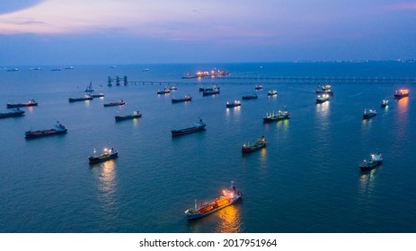 Aerial view tanker offshore in open sea at night, Refinery industry cargo ship, Oil product tanker and LPG tanker at sea view from above, Aerial view oil tanker ship vessel. - Shutterstock ID 2017951964