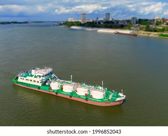 Aerial View Of Tanker Ship On Danube River