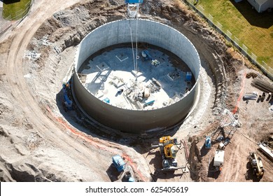 An aerial view of te construction of a 1.5 million gallon municipal water tank.