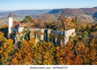 Aerial view at Teck Castle on the Swabian Alb in autumn, Germany