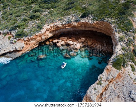 Aerial view of tectonic marine cave in Kas Kekova Marine Protected Area Antalya Turkey