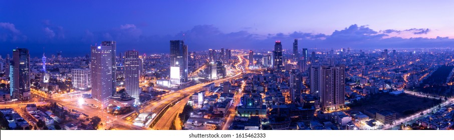 Aerial View Of Tel Aviv Skyline At Dusk,  Tel Aviv Cityscape Panorama At Sunrise, Israel