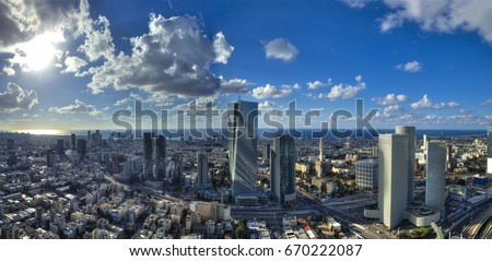 Aerial view of tel aviv skyline with urban skyscrapers and blue sky, Israel Foto stock © 