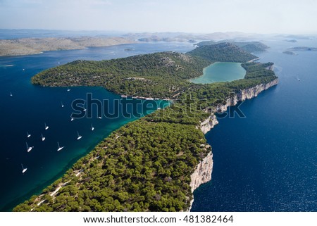 Aerial view of Telascica nature park and Slano lake in Croatia