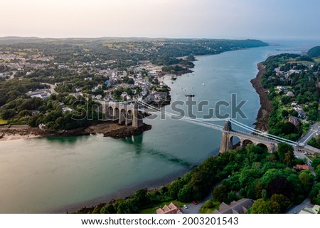 Aerial view of Telford's Suspension Bridge Across The Menai Starights - Wales, UK.