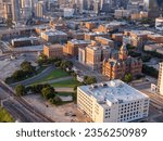 Aerial view of the Texas School Book Depository, Dallas County Administration Building, the place from which President John F. Kennedy was shot in 1963, and the Dallas County Courthouse.