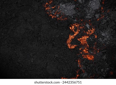 Aerial view of the texture of a solidifying lava field, close-up