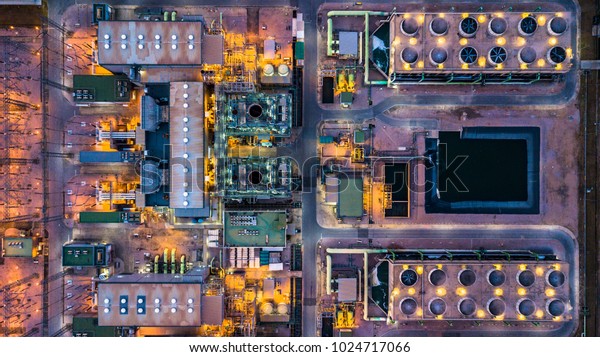 Aerial view thermal power plant and combined cycle\
power plant.