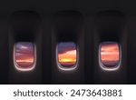 Aerial view through airplane window high above orange sunset sky,Inside Passenger plane POV looking out at beautiful yellow sunrise cloud,Banner transport for Travel,Business Trip,Holiday Vacation