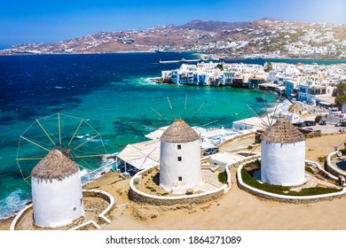 Aerial view through the famous windmills above Mykonos town, Cyclades, Greece, to the Little Venice district