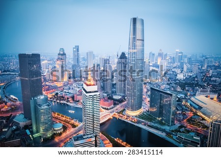 aerial view of tianjin financial district in nightfall, china