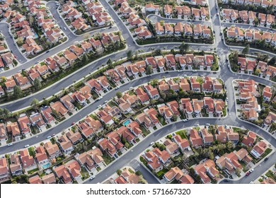 Aerial view of tightly packed homes in the Porter Ranch neighborhood of Los Angeles, California.  