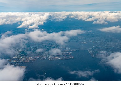 Aerial view of Tokyo Bay around the Yokohama Bay Bridge in Tokyo, Japan.