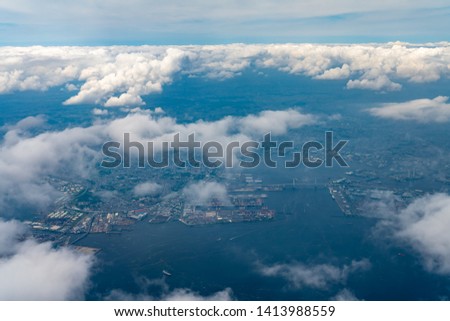 Aerial view of Tokyo Bay around the Yokohama Bay Bridge in Tokyo, Japan.