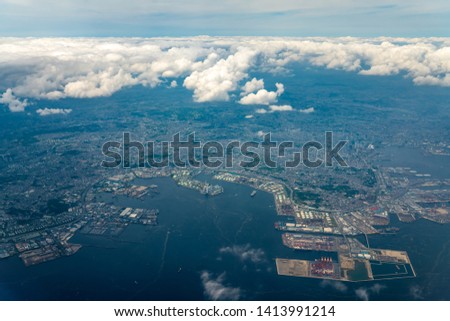 Aerial view of Tokyo Bay around the Yokohama City in Kanagawa, Japan.