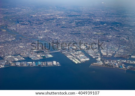 Aerial view of Tokyo Bay in Tokyo, Japan.