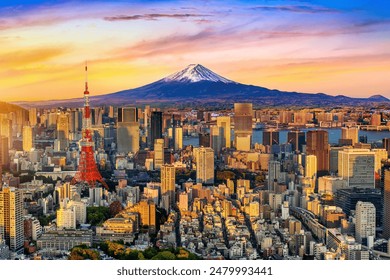 Aerial view of Tokyo cityscape with Fuji mountain in Japan. - Powered by Shutterstock