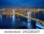 Aerial view of Tokyo cityscape and rainbow bridge at night, Japan.