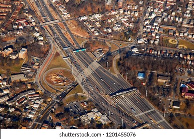 An Aerial View Of A Toll Booth Leading To The Queens Midtown Tunnel In Queens, New York